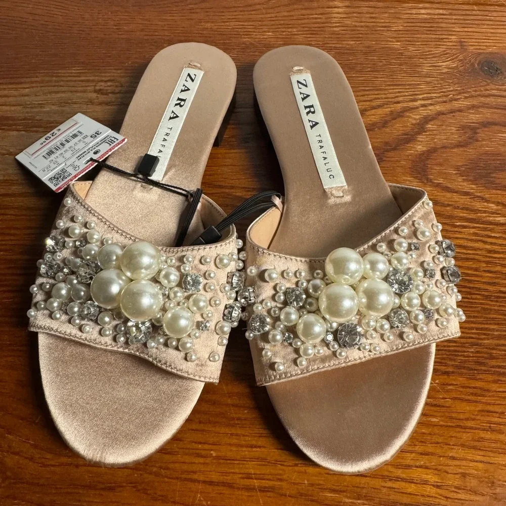 Zara Trafaluc Pearl Rhinestone Satin Slide Sandals Champagne NWT Size 35 - Picture 2 of 7
